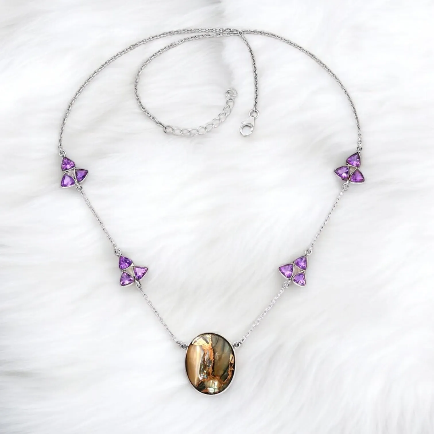 Abalone & Amethyst Solid 925 Sterling Silver Necklace