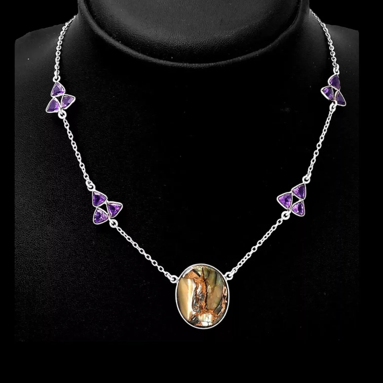 Abalone & Amethyst Solid 925 Sterling Silver Necklace