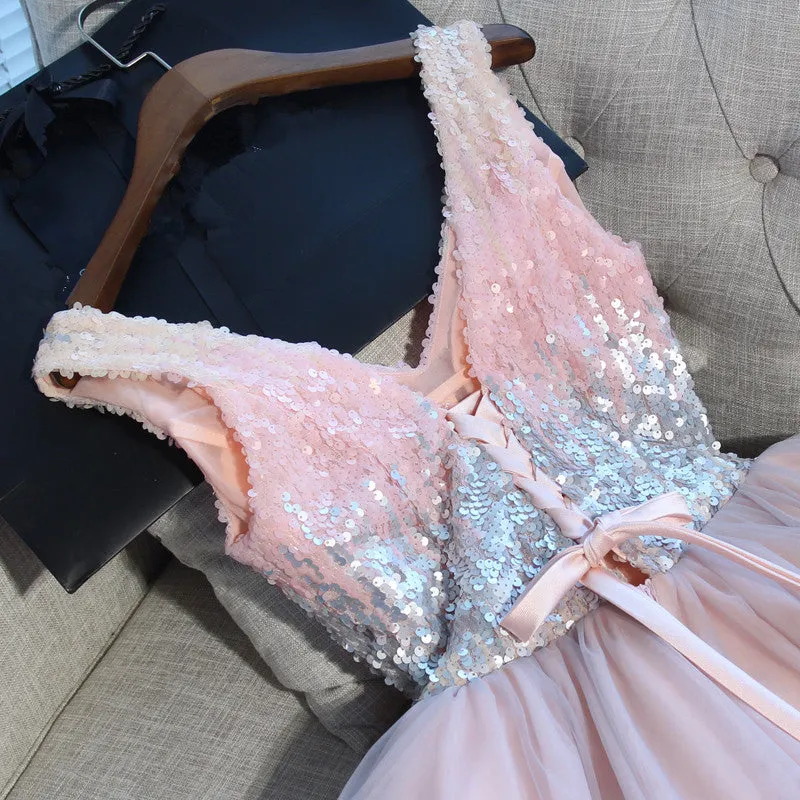 Adorable Pink V--neckline Sequins and Tulle Homecoming Dresses , Cute Prom Dresses