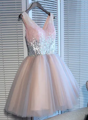 Adorable Pink V--neckline Sequins and Tulle Homecoming Dresses , Cute Prom Dresses