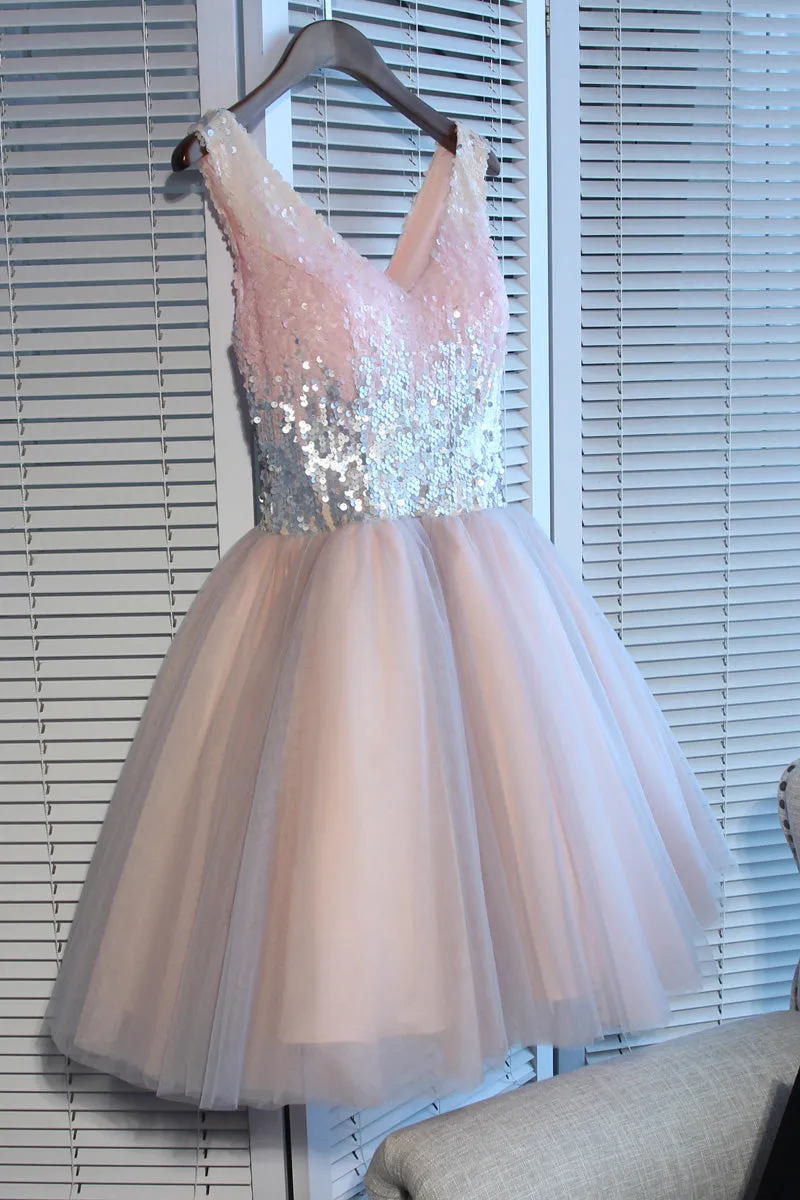 Adorable Pink V--neckline Sequins and Tulle Homecoming Dresses , Cute Prom Dresses
