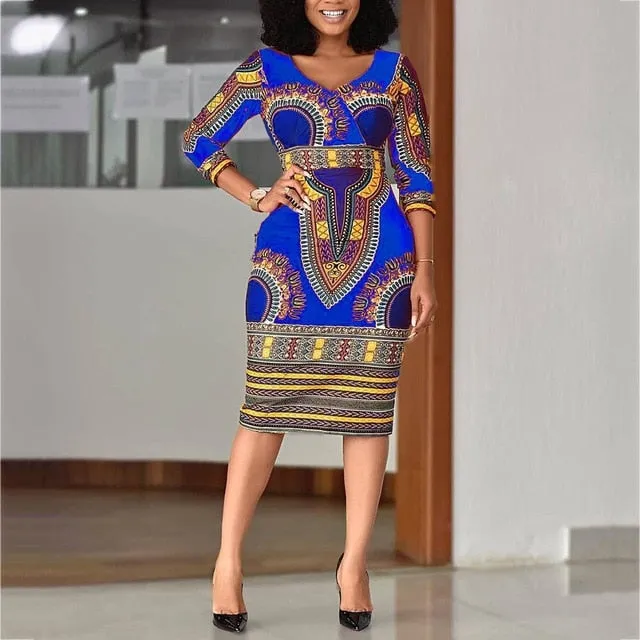 African Ladies Dresses Elegant Wrist High Waist V Neck Vintage For Work Office Business Fashion Slim Vestidos Dress Midi 2020