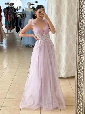 Aline V Neck Pink Long Prom Dresses, Pink Lace Long Formal Graduation Dresses