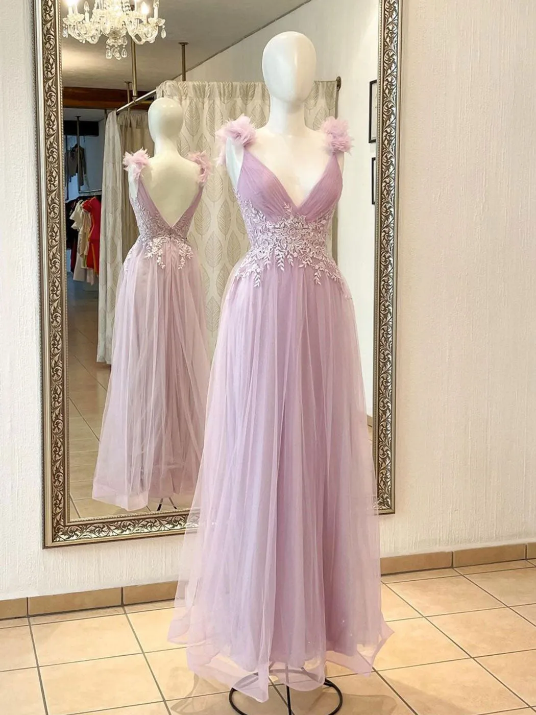Aline V Neck Pink Long Prom Dresses, Pink Lace Long Formal Graduation Dresses