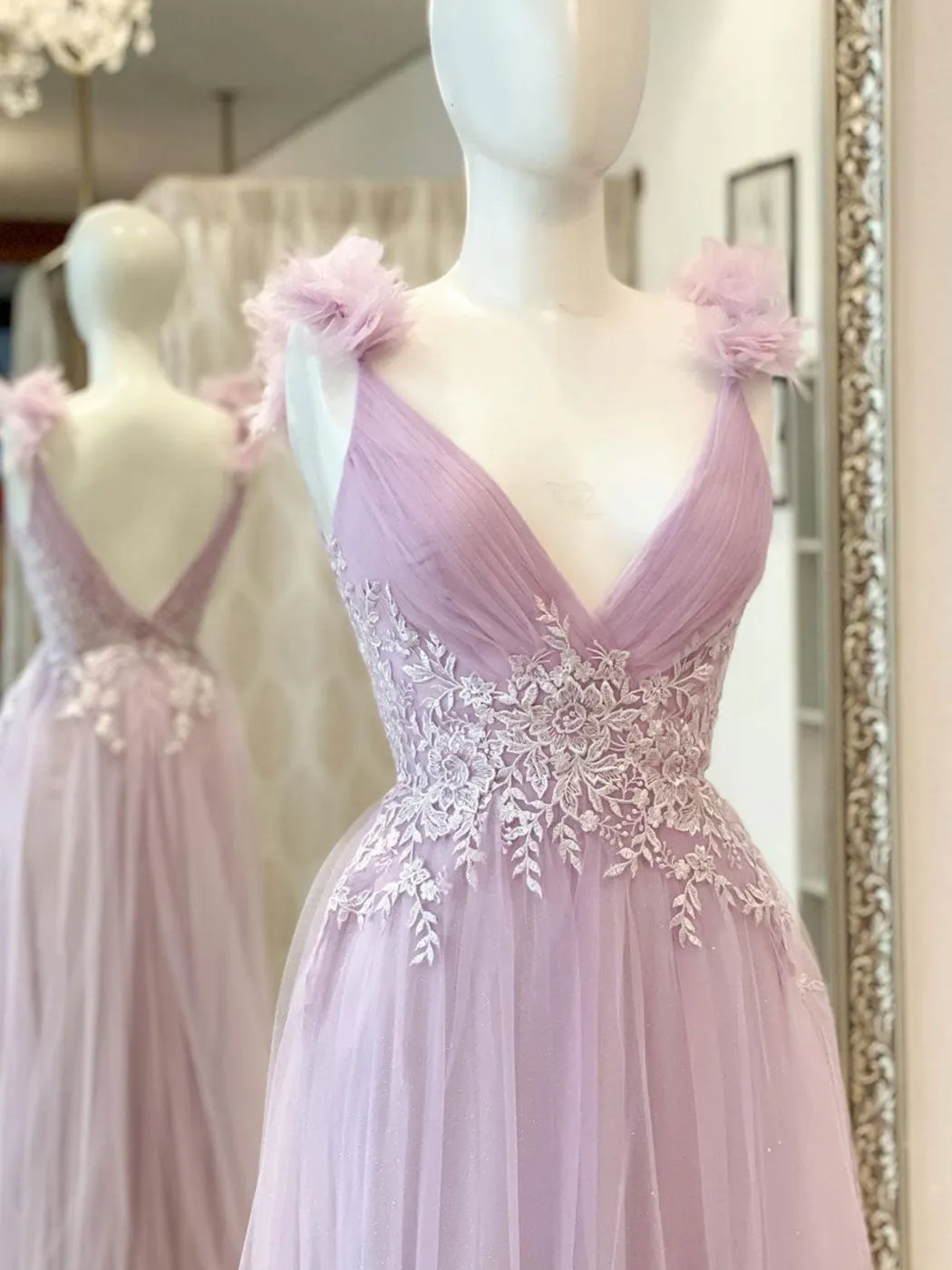Aline V Neck Pink Long Prom Dresses, Pink Lace Long Formal Graduation Dresses