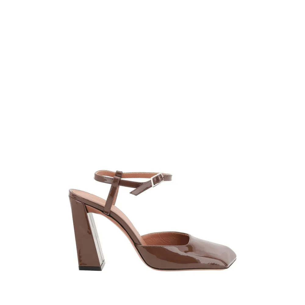 Amina Muaddi Charlotte Women Brown Sandals Patent Leather Ankle Strap Heel Shoes