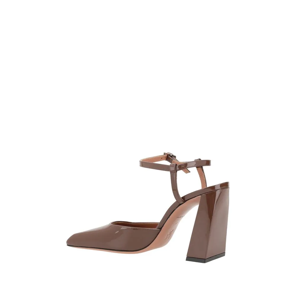 Amina Muaddi Charlotte Women Brown Sandals Patent Leather Ankle Strap Heel Shoes