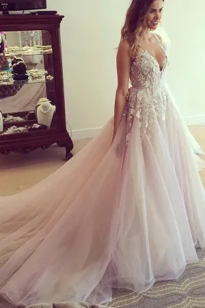 Anneprom Scoop V-Neck Long Wedding Dress/Prom Dress With Appliques APP0112