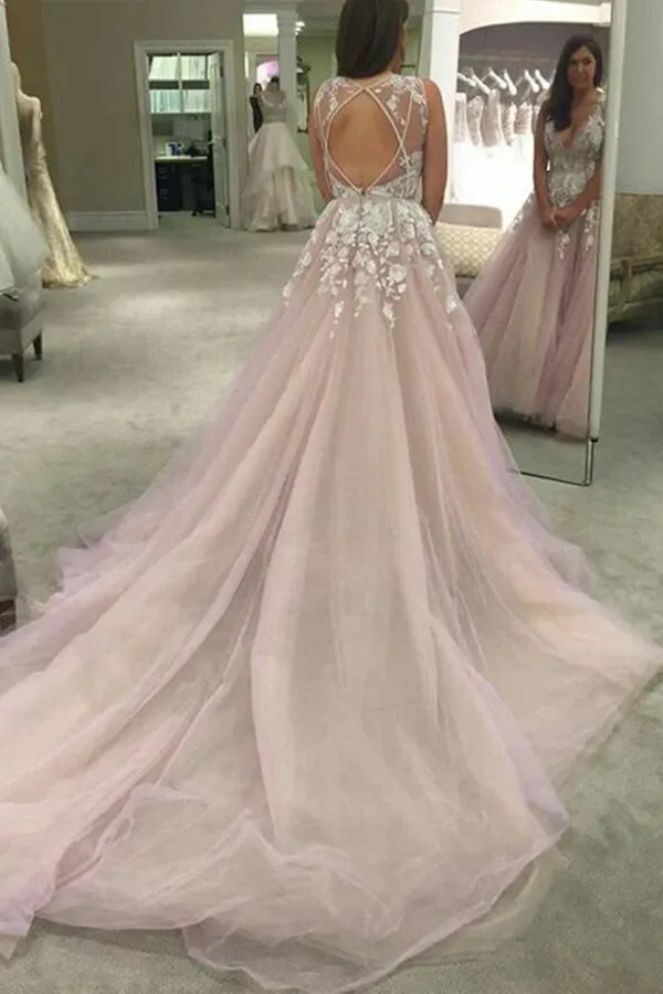 Anneprom Scoop V-Neck Long Wedding Dress/Prom Dress With Appliques APP0112