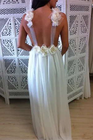 Anneprom V-Neck Floor Length Chiffon Tulle Wedding Dress With Handmade Flower APW0014