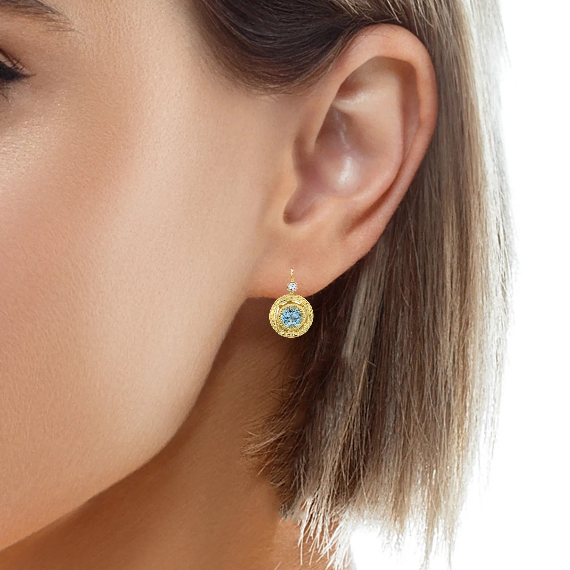 Aquamarine and Diamond 18k Yellow Gold Bezel Post Clip Back Drop Earrings