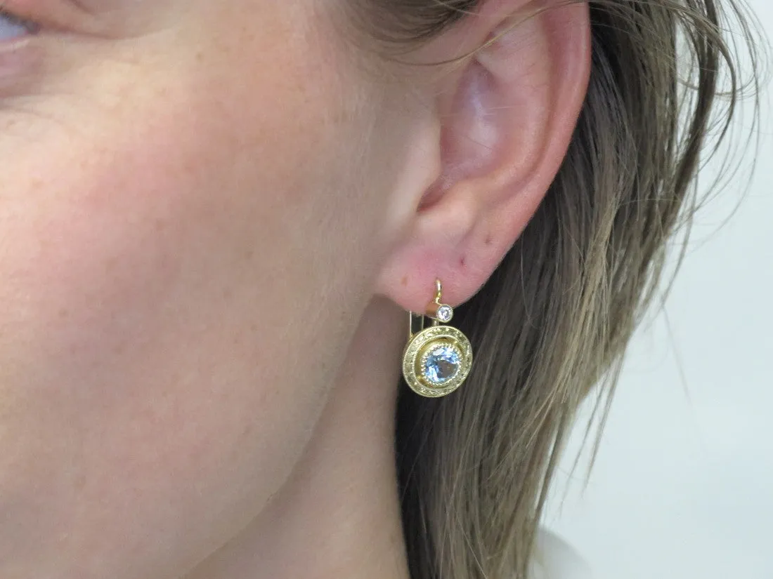 Aquamarine and Diamond 18k Yellow Gold Bezel Post Clip Back Drop Earrings