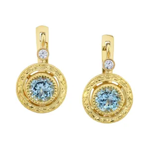 Aquamarine and Diamond 18k Yellow Gold Bezel Post Clip Back Drop Earrings