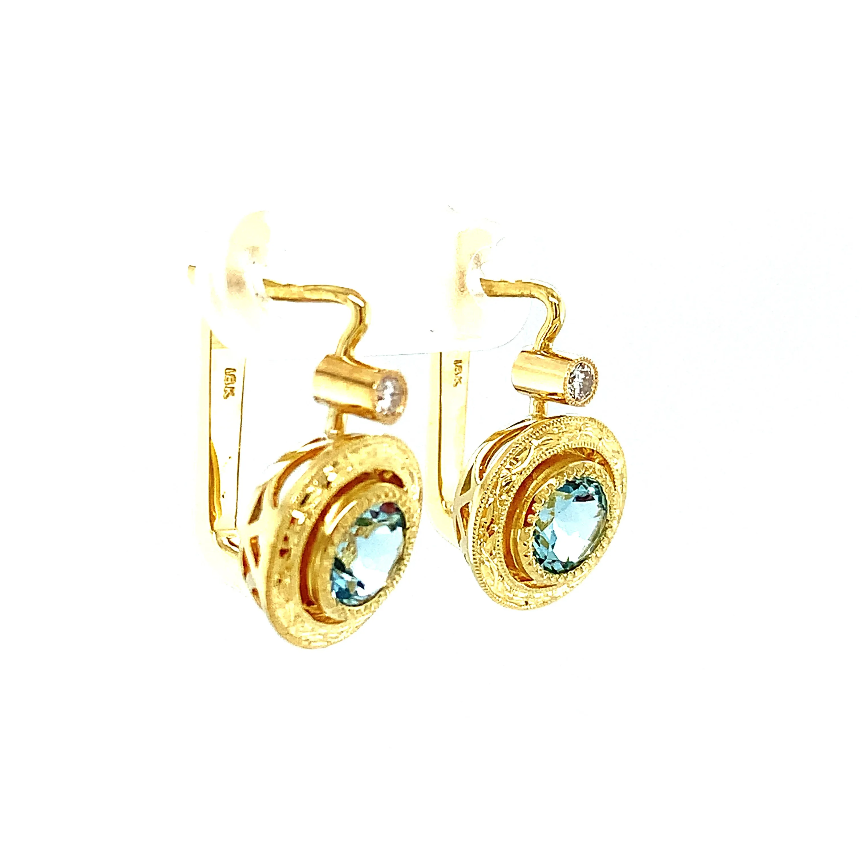Aquamarine and Diamond 18k Yellow Gold Bezel Post Clip Back Drop Earrings