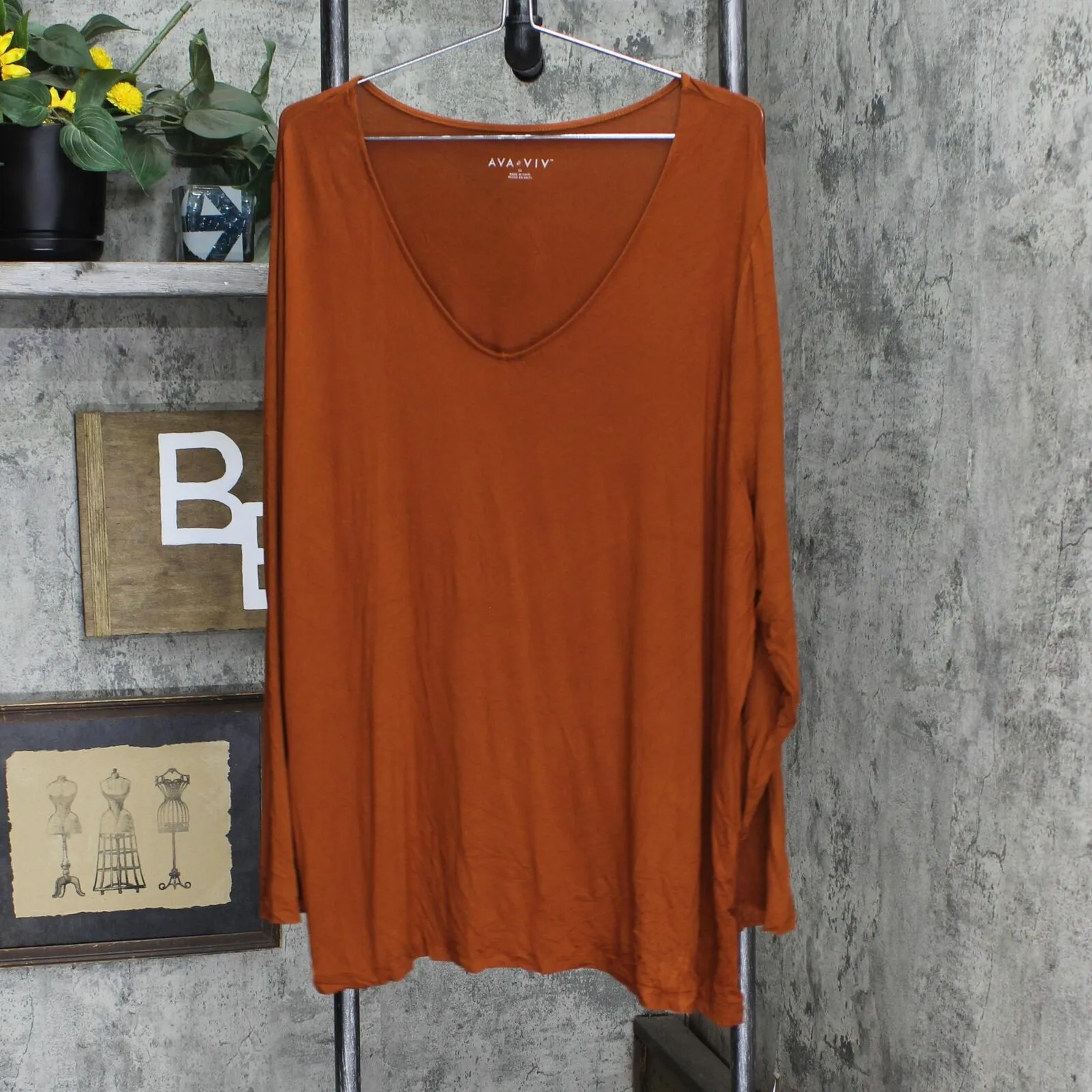 Ava & Viv Plus Size Long Sleeve V-Neck T-Shirt 00559387 Bronze Orange 3X
