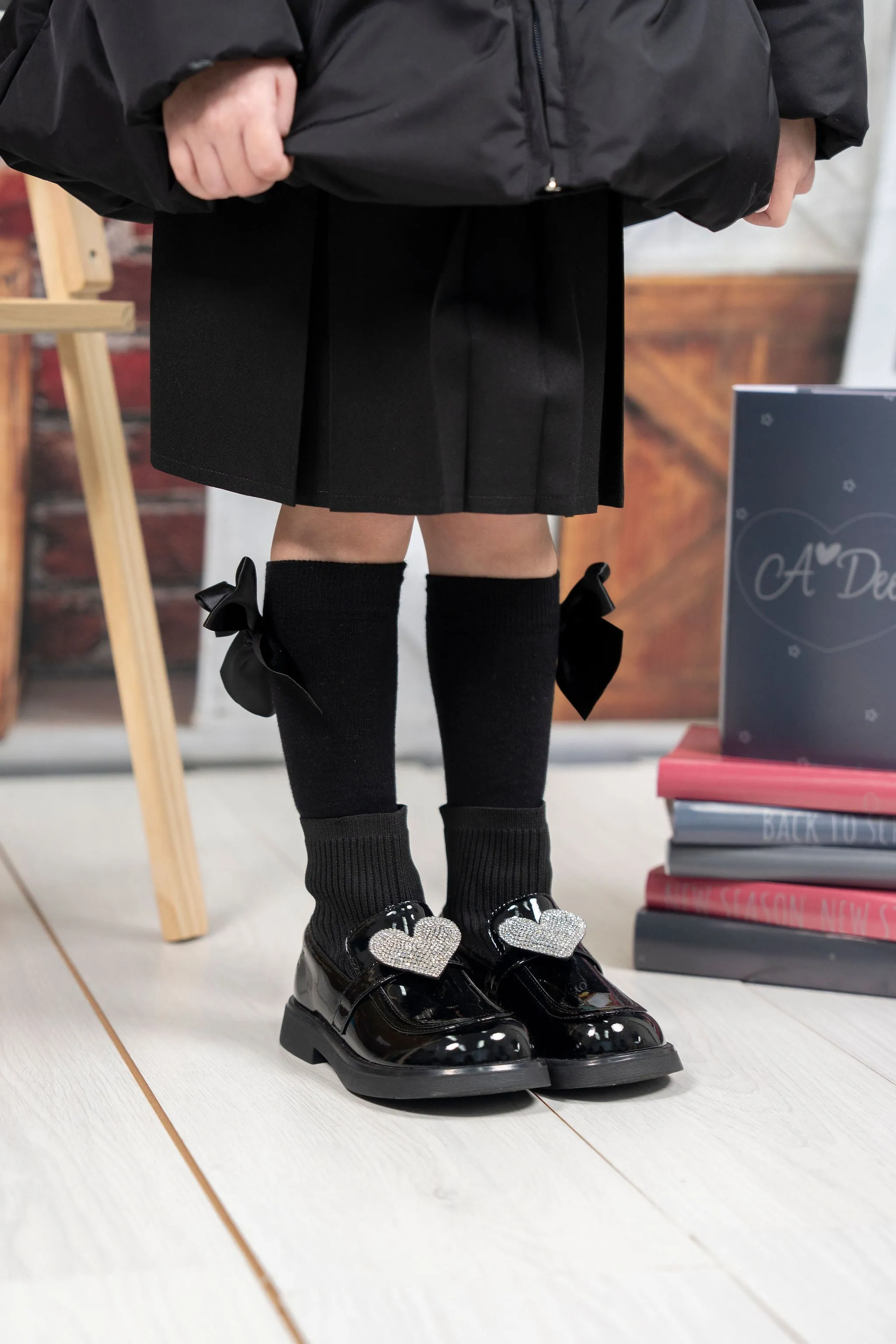 AW24 A Dee Girls Mary Jane Black Heart Sock Wellies