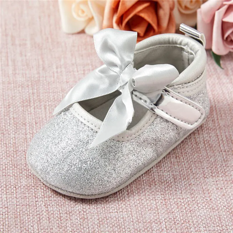 Baby Soft Sole Shimmer Ribbon Bow Shoes - 6-12 & 12-18 Months Only