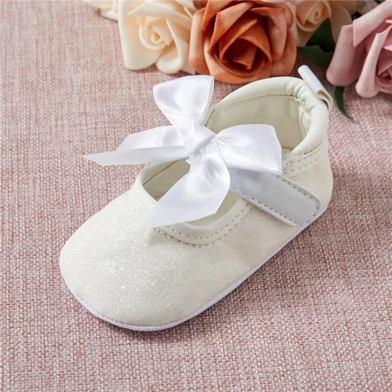 Baby Soft Sole Shimmer Ribbon Bow Shoes - 6-12 & 12-18 Months Only