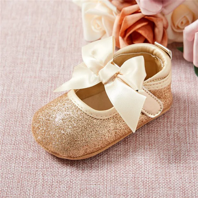 Baby Soft Sole Shimmer Ribbon Bow Shoes - 6-12 & 12-18 Months Only
