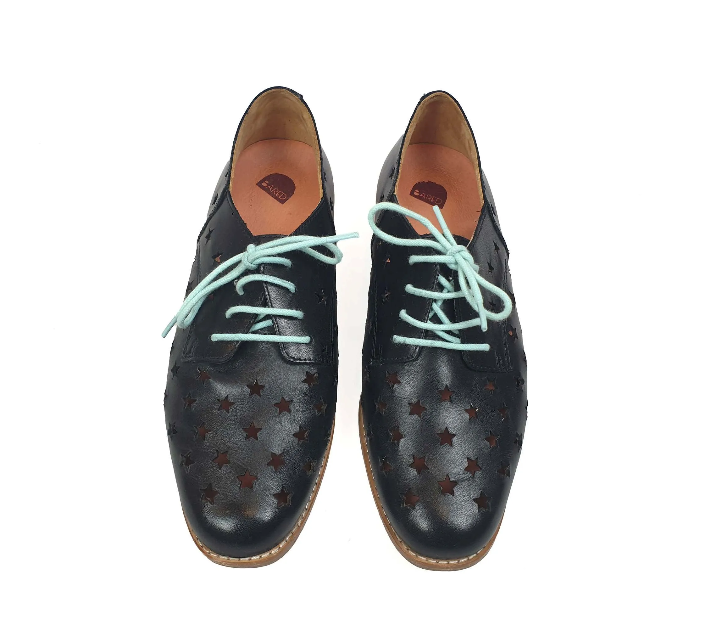 Bared black leather laceups with star perforations size 36