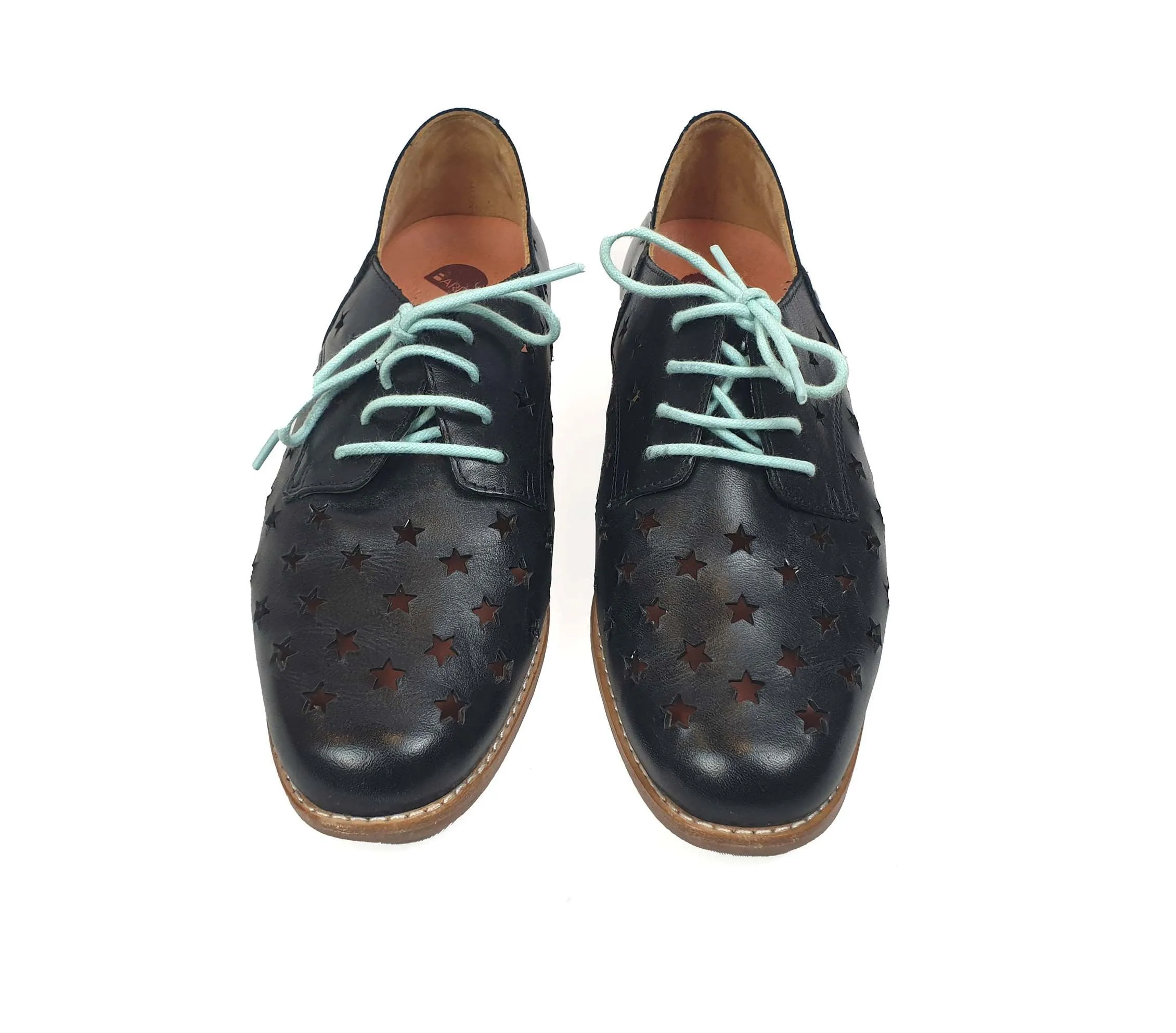 Bared black leather laceups with star perforations size 36