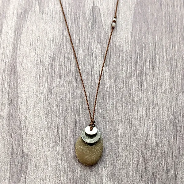 Beach Stone and Blackened Sterling Silver Pendant