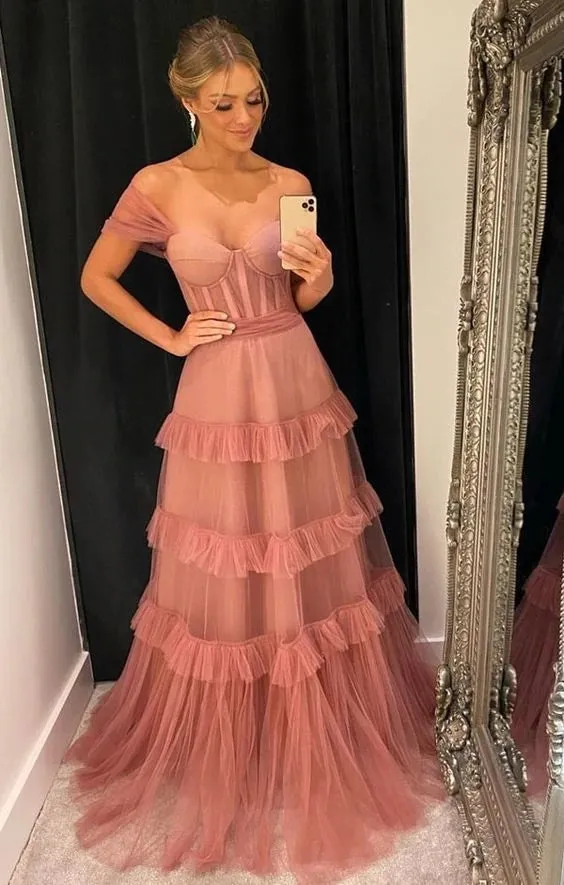Beautiful A Line Tulle Straps Long Party Dress Formal Prom Gown OK1325