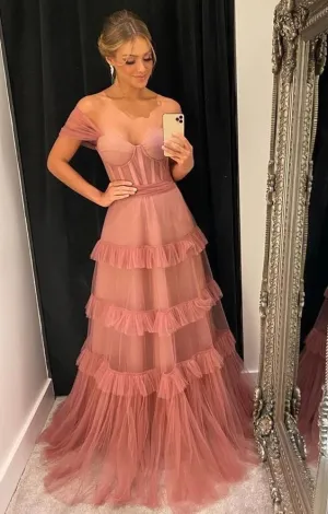 Beautiful A Line Tulle Straps Long Party Dress Formal Prom Gown OK1325