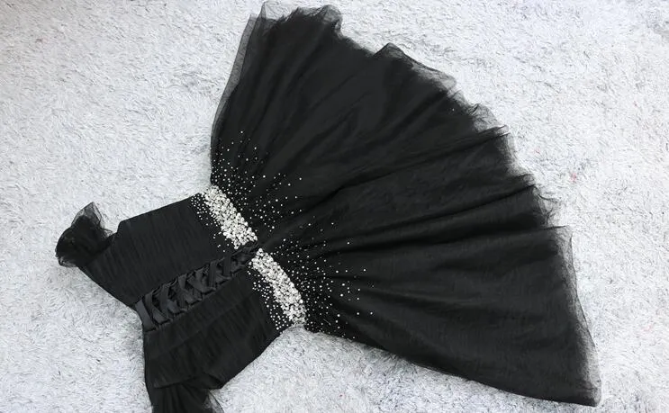 Beautiful Black Knee Length Off Shoulder Beaded Homecoming Dresses, Little Black Dresses