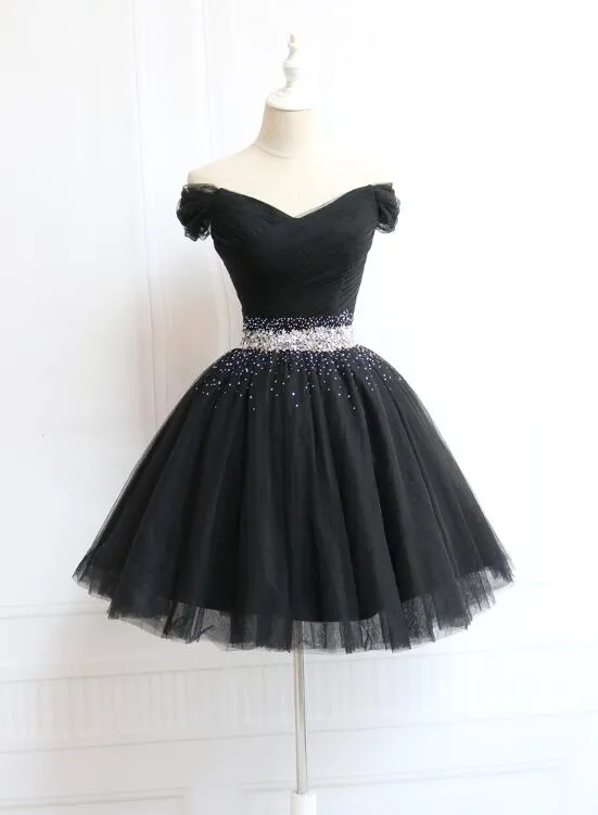 Beautiful Black Knee Length Off Shoulder Beaded Homecoming Dresses, Little Black Dresses