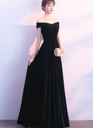 Beautiful Black Velvet Off Shoulder Bridesmaid Dress, Black Evening Gowns