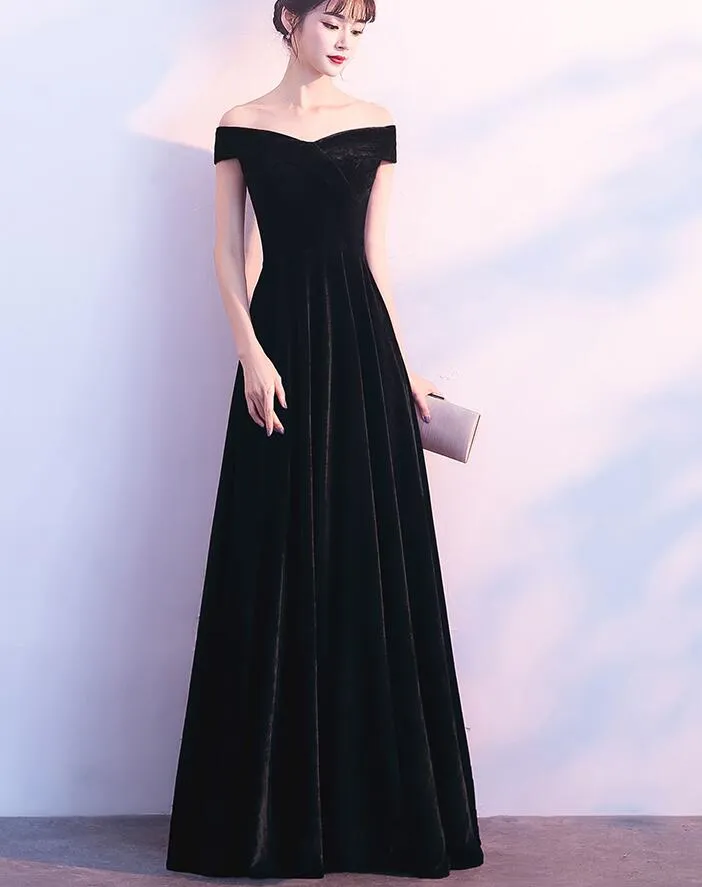 Beautiful Black Velvet Off Shoulder Bridesmaid Dress, Black Evening Gowns