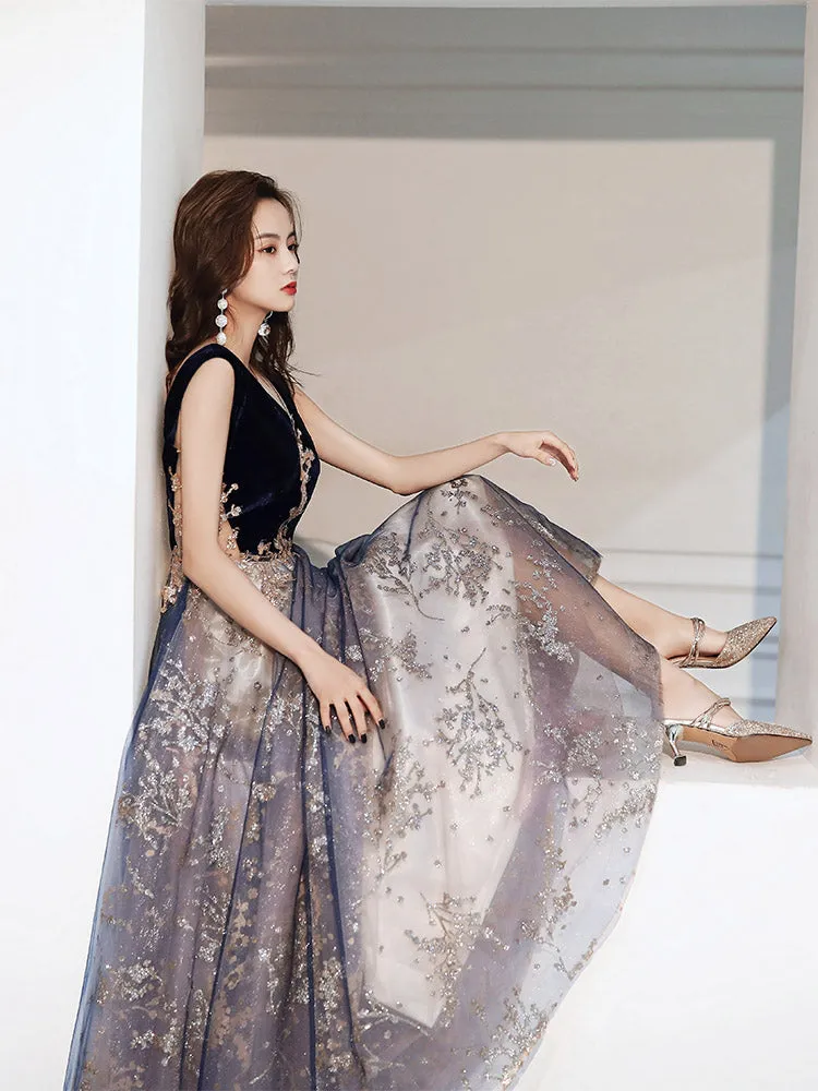 Beautiful Blue Velvet and Lace Tulle Long Low Back Party Dress, Blue A-line Evening Dresses