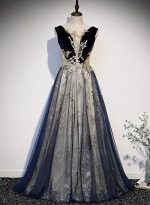 Beautiful Blue Velvet and Lace Tulle Long Low Back Party Dress, Blue A-line Evening Dresses