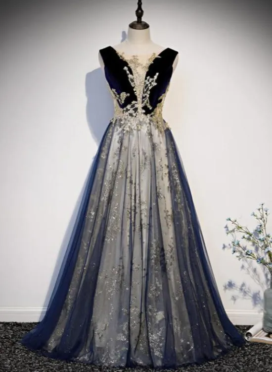 Beautiful Blue Velvet and Lace Tulle Long Low Back Party Dress, Blue A-line Evening Dresses