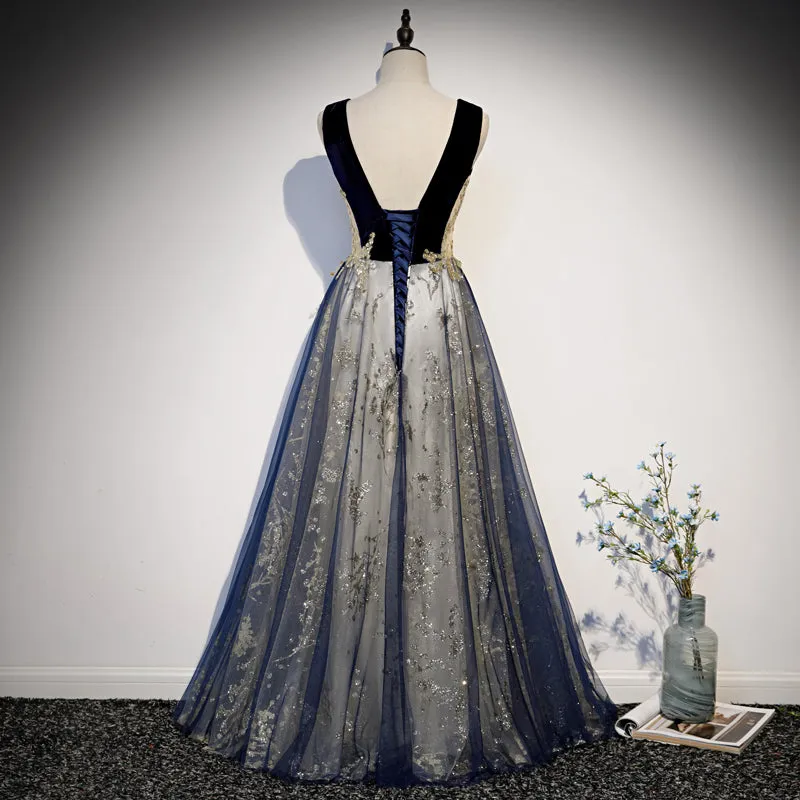Beautiful Blue Velvet and Lace Tulle Long Low Back Party Dress, Blue A-line Evening Dresses
