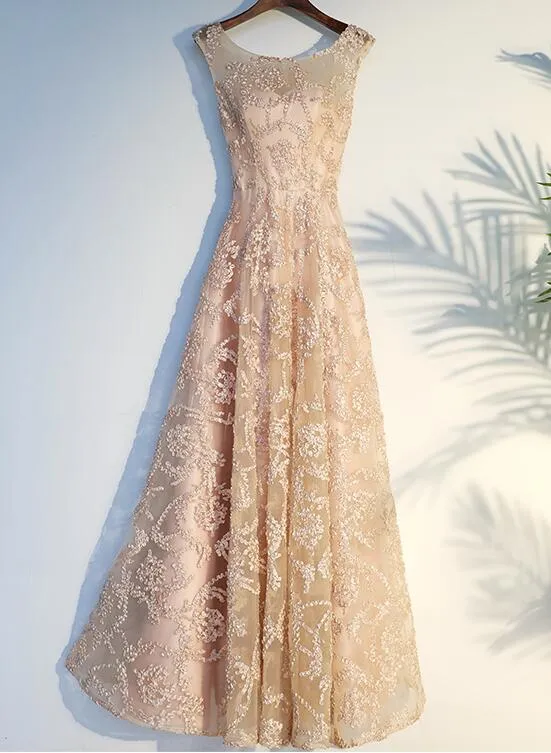 Beautiful Champagne Lace A-line Floor Length Formal Dress, Prom Gowns