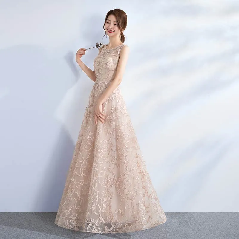 Beautiful Champagne Lace A-line Floor Length Formal Dress, Prom Gowns