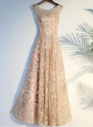 Beautiful Champagne Lace A-line Floor Length Formal Dress, Prom Gowns