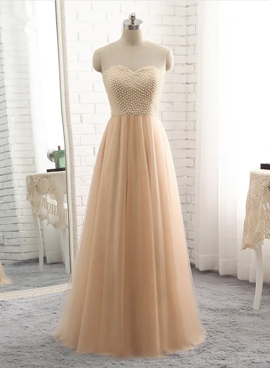 Beautiful Champagne Sweetheart Long Junior Prom Dress, Cute Long Dress
