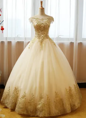 Beautiful Champagne with Gold Applique Long Party Dress, Sweet 16 Dresses
