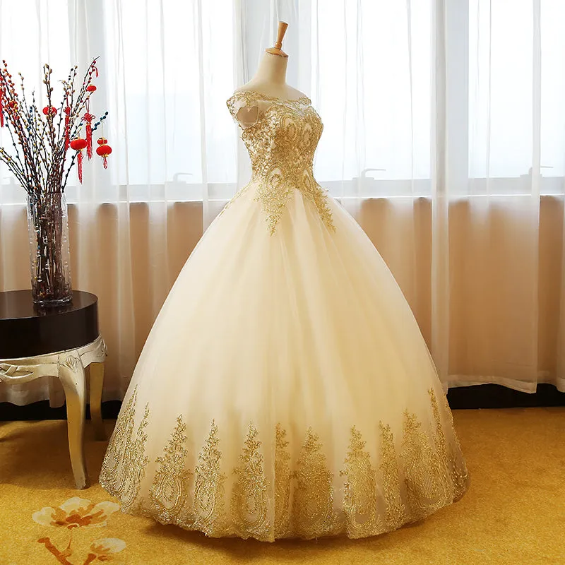 Beautiful Champagne with Gold Applique Long Party Dress, Sweet 16 Dresses