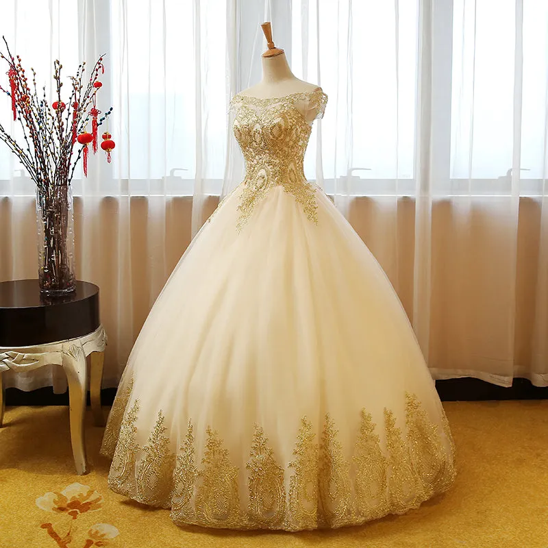 Beautiful Champagne with Gold Applique Long Party Dress, Sweet 16 Dresses