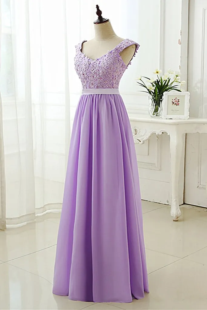 Beautiful Chiffon Lavender Straps Long Party Gowns, Prom Dresses