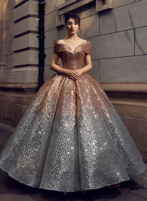 Beautiful Glitter Sequin Ball Gown Golden  Silver Quinceanera Dresses, Sequins Gradient Formal Dress