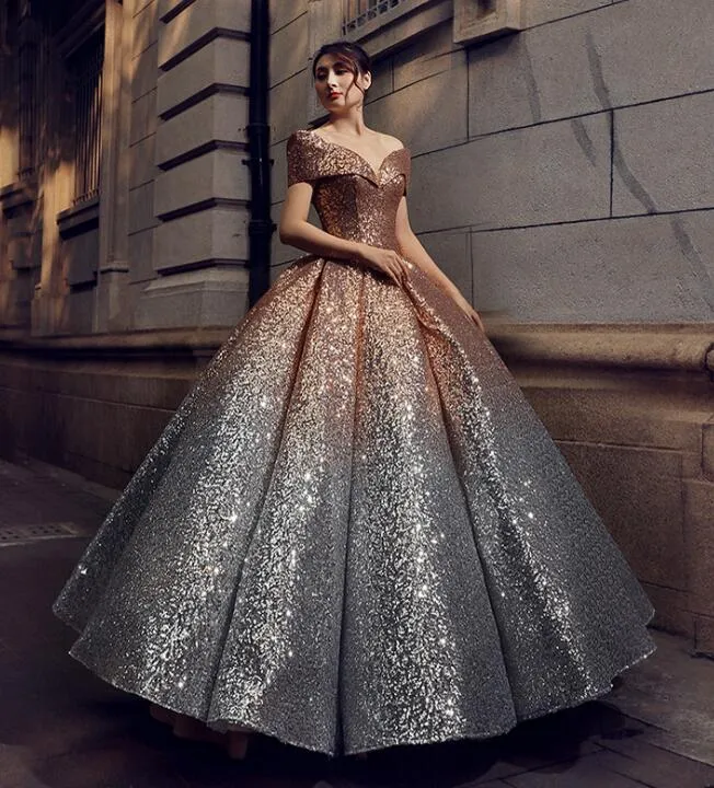Beautiful Glitter Sequin Ball Gown Golden  Silver Quinceanera Dresses, Sequins Gradient Formal Dress