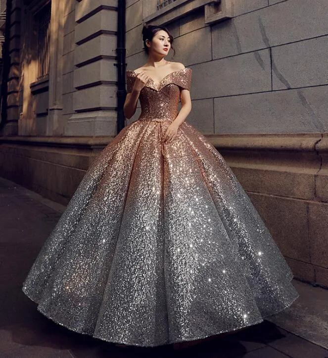 Beautiful Glitter Sequin Ball Gown Golden  Silver Quinceanera Dresses, Sequins Gradient Formal Dress