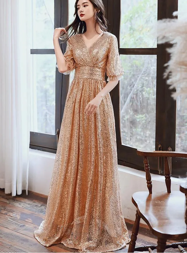 Beautiful Golden Sequins V-neckline Long Bridesmaid Dresses, Short Sleeves Party Dresses