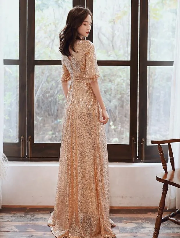 Beautiful Golden Sequins V-neckline Long Bridesmaid Dresses, Short Sleeves Party Dresses