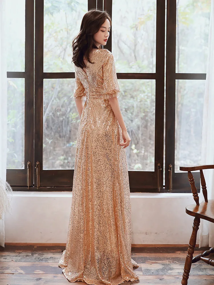 Beautiful Golden Sequins V-neckline Long Bridesmaid Dresses, Short Sleeves Party Dresses